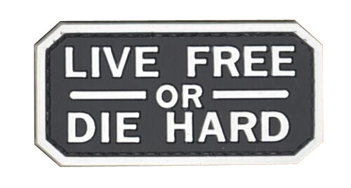 Live Free or Die Hard PVC Patch, Velcro backed Badge. Great for attaching to your field gear, jackets, shirts, pants, jeans, hats or even create your own patch board. Size: 6.5x3.2cm