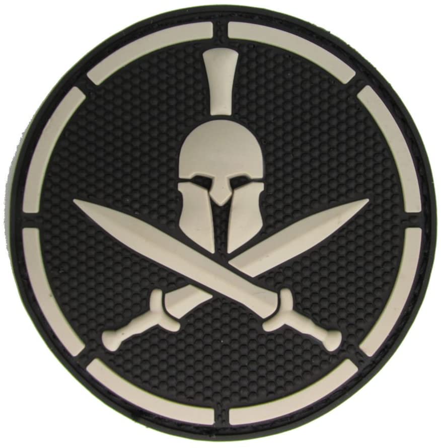 Spartan Helmet Crossed Swords PVC Patch, Velcro backed Badge. Great for attaching to your field gear, jackets, shirts, pants, jeans, hats or even create your own patch board. Size: 6cm