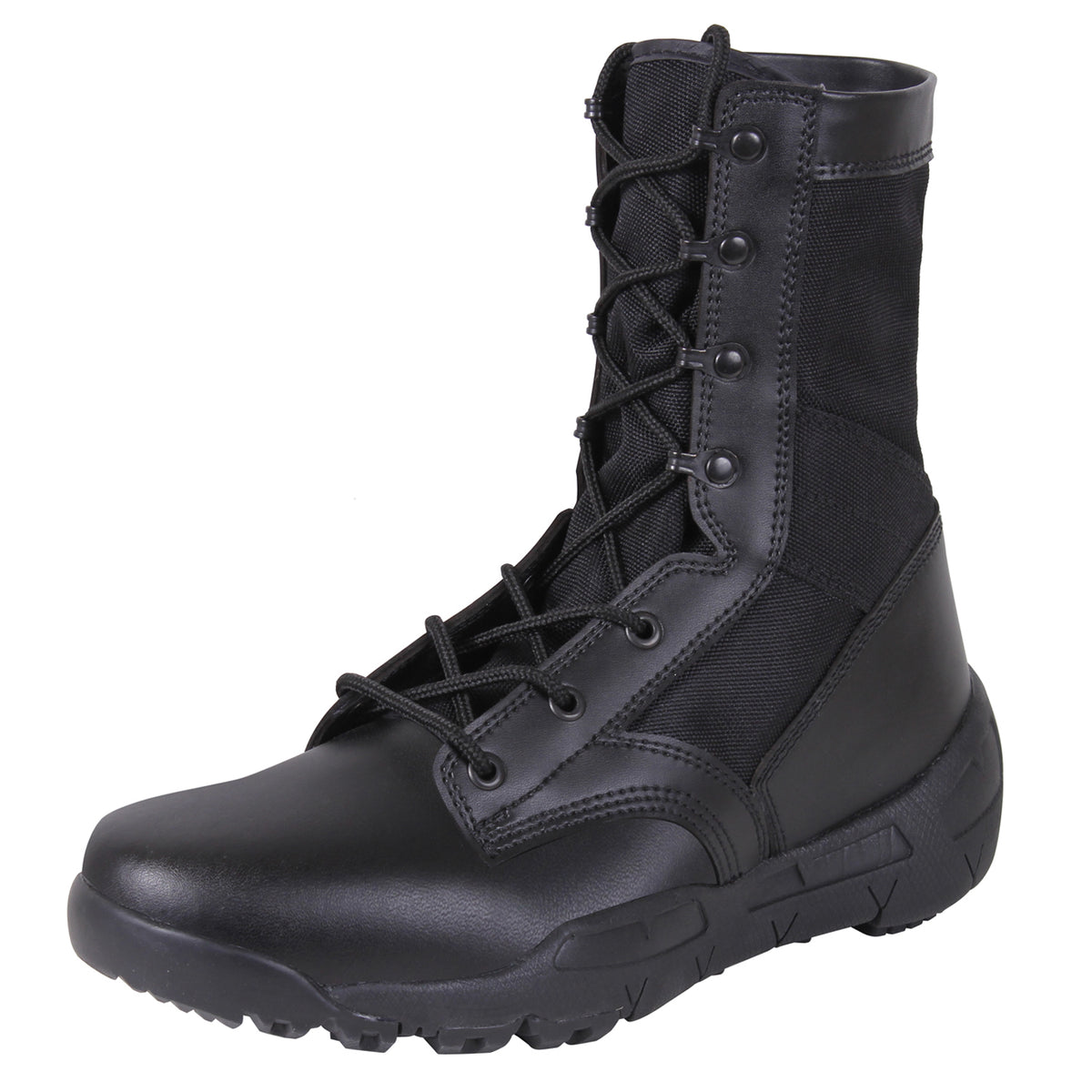Rothco’s V-Max Lightweight Tactical Boot is the optimal choice for an all-purpose military-style boot. Military-Style 8 ½” Cross Training Boot Is Designed With The Comfort And Support Of A Running Shoe The V-Max Lightweight Boot Interior Contains A Removable EVA Insole And 2 Screen Air Vents To Keep Your Feet Cool Rubber And EVA Outsole Provides Improved Traction While You Are On The Move Iron Eyelet Lace System Will Keep Your Tactical Boots Tightly Secured