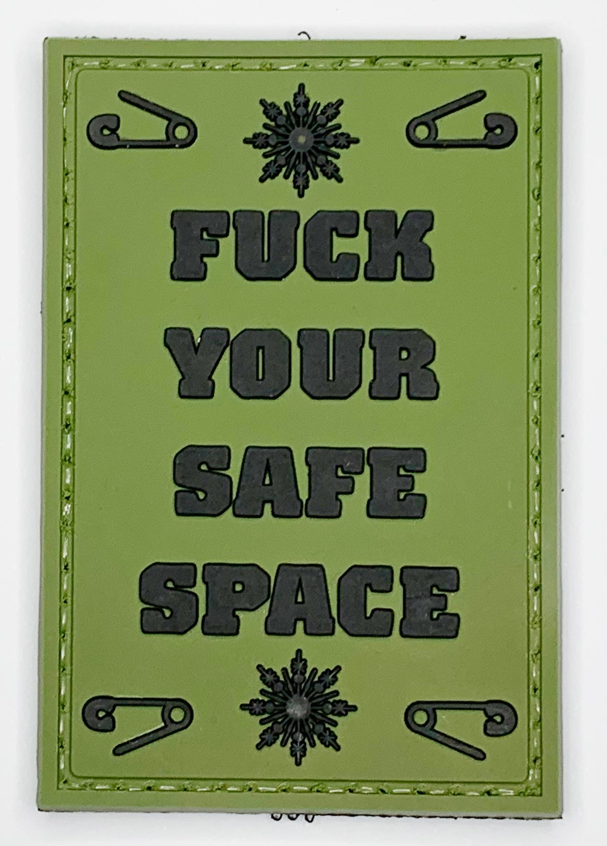 Fuck Your Safe Space PVC Patch, Velcro backed Badge. Great for attaching to your field gear, jackets, shirts, pants, jeans, hats or even create your own patch board. Size: 7.5x5cm