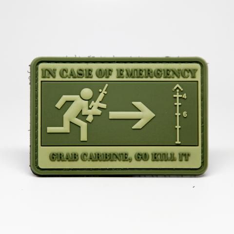 In Case of Emergency, Grab Carbine, Go Kill it PVC Patch, Velcro backed Badge. Great for attaching to your field gear, jackets, shirts, pants, jeans, hats or even create your own patch board. Size: 7.5x5cm