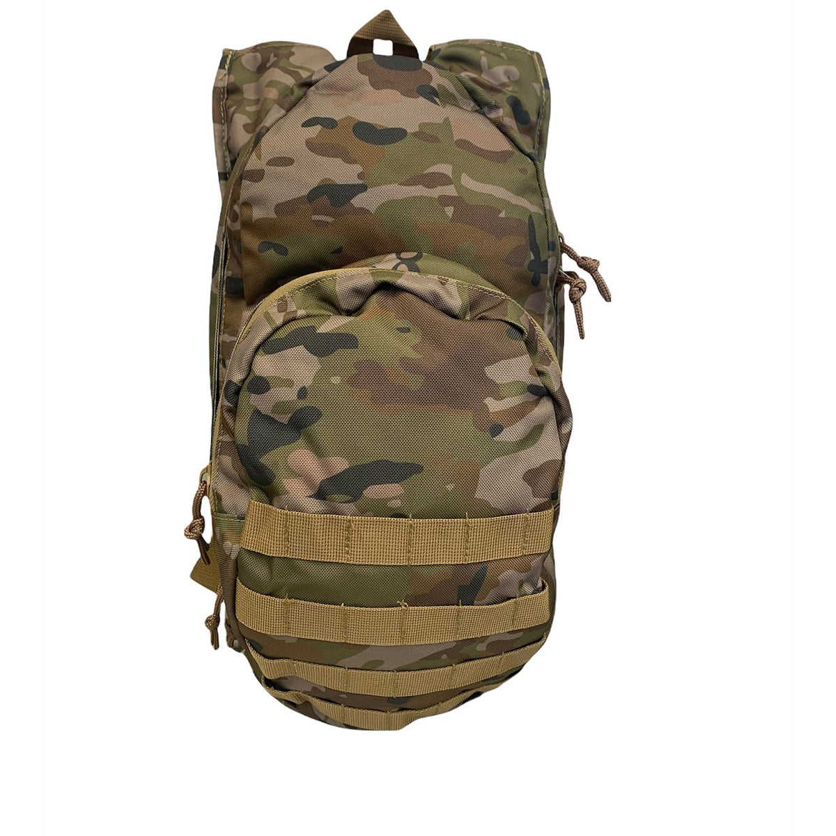Hydration pack Heavy Duty 900D 2 coats PU fabric Bonus 2L wide mouth EVA bladder with neoprene hose cover Front pocket Heavy duty MOLLE webbing Padded mesh harness with sternum strap Expandable front gusset with #10 zips