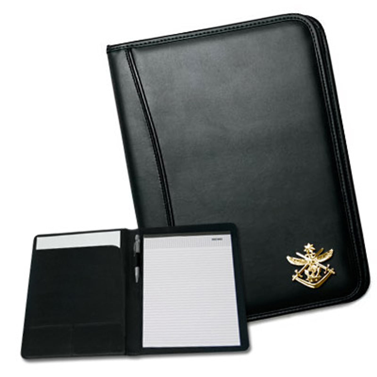 Features: High quality pvc w/ microfibre lining. Document sleeve. Business card holders. Notepad & penholder. Approx size 240 w x 20 d x 310 h Branding: 3D badge Colour: Black www.moralepatches.com.au