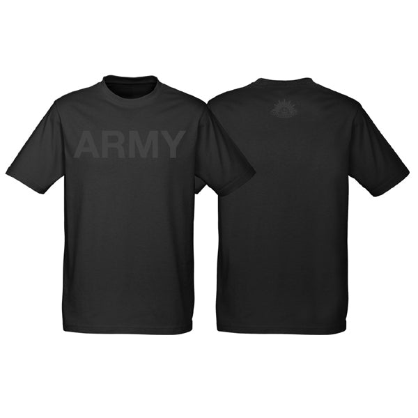 The Australian Army branded T-Shirt, order now from the military specialists. Features tone-on-tone ARMY screen-printing with Rising Sun badge on the back. Supersoft combed cotton for maximum comfort. Specifications: Materials: 100% cotton Colour: Black Size: S - 2XL