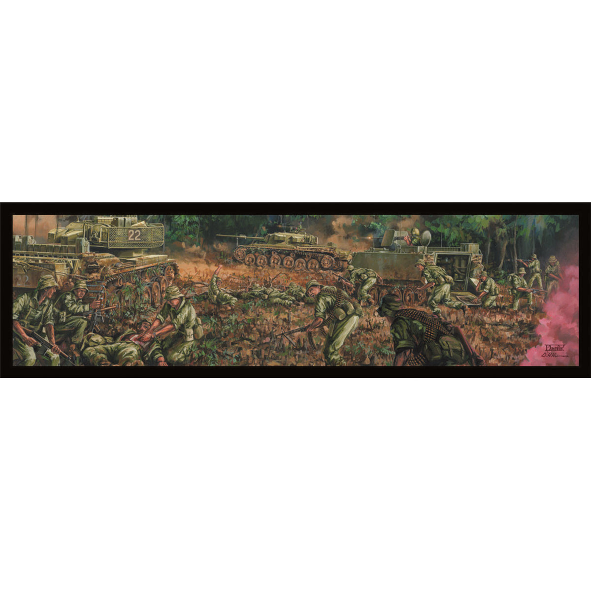 The stunning Combined Arms Contact Vietnam 1969 Bar Runner. A story on the bar. The Vietnam collection 2013 bar runner features an amazing image by renowned artist Drew Harrison which captures the Royal Australian Regiment, the 1st Armoured Regiment and the 3rd Cavalry Regiment in a combined arms engagement deep in the Vietnam jungle. Air Force Hueys move in to join the fight. The bar runner has rubber backing and measures 890mm x250mm.