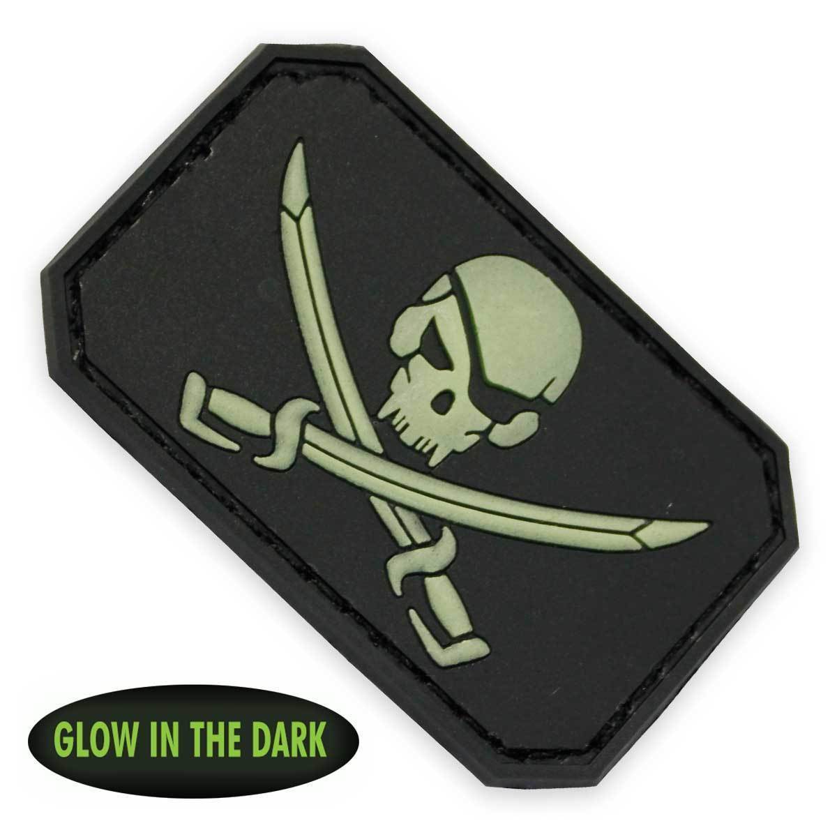 Pirate Skull PVC Patch Front Glow, Velcro backed Badge. Great for attaching to your field gear, jackets, shirts, pants, jeans, hats or even create your own patch board. Size: 3x5cm