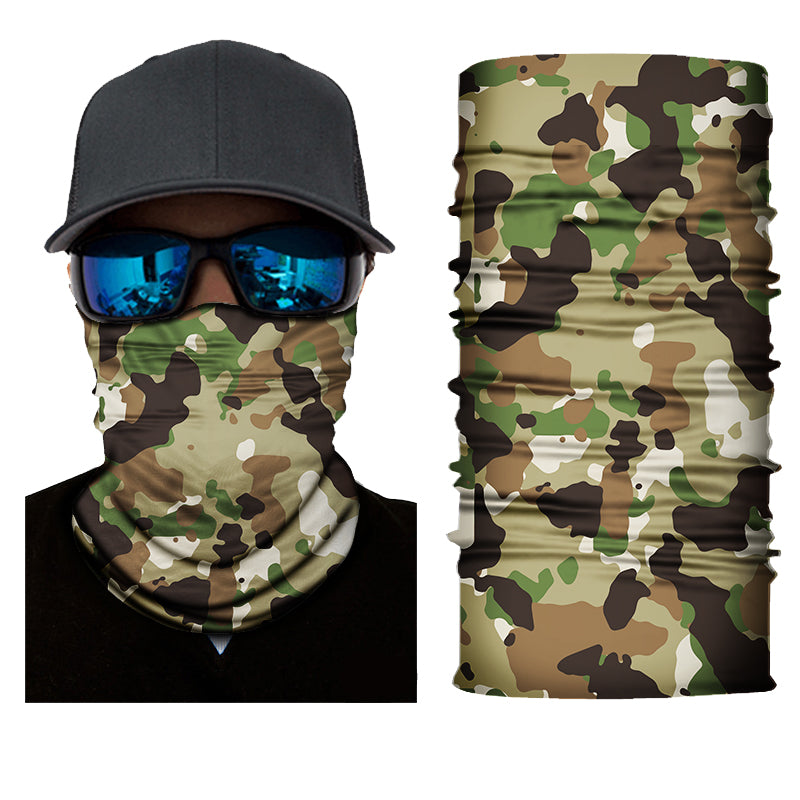 Great for outdoor activities such as camping, fishing, hunting, cadets, scouts and sports Fitted Light Bush Camo Face Bandana or Neck Gaiter. They are made from Microfiber Polyester which makes them very lightweight and very comfortable to wear. Because the material is so thin, it is very easy to breathe when you use as face cover.