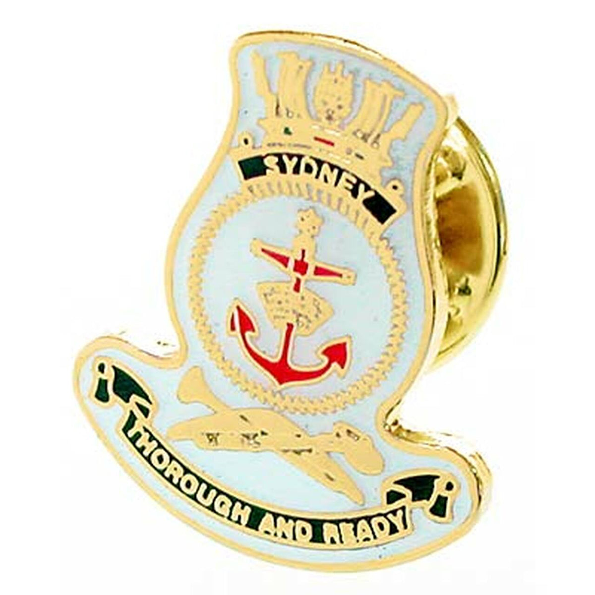 HMAS Sydney 20mm full colour enamel lapel pin. This beautiful gold plated lapel pin will look great on both you jacket or on your cap.