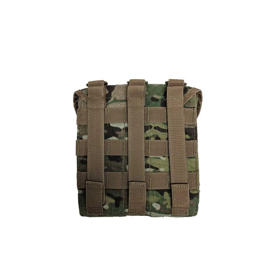 Fits 200 rounds of 5.56mm disintegrating link 150 rounds of 7.62 link (Approx) or two 1L flasks Horse shoe and Velcro® closure Hard plated face Double layered fabric for added reinforcement Genuine Multicam MOLLE compatible