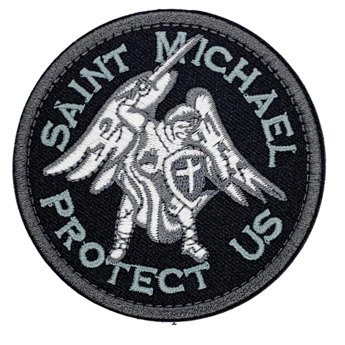Saint Michael Protect Us Patch Hook & Loop. Size: 8cm HOOK AND LOOP BACKED PATCH(BOTH PROVIDED) www.moralepatches.com.au