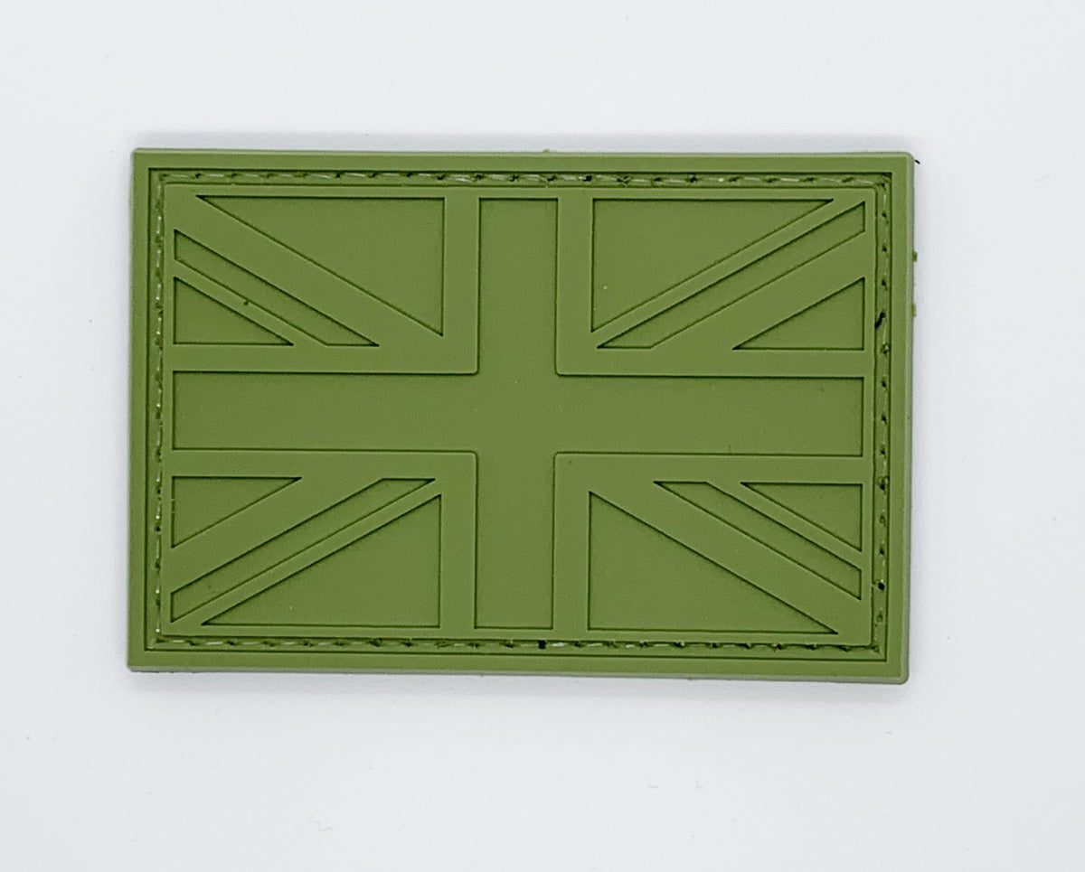 UK Flag with Carved Version PVC Patch All OD Green, Velcro backed Badge. Great for attaching to your field gear, jackets, shirts, pants, jeans, hats or even create your own patch board. Size: 7.5x5cm