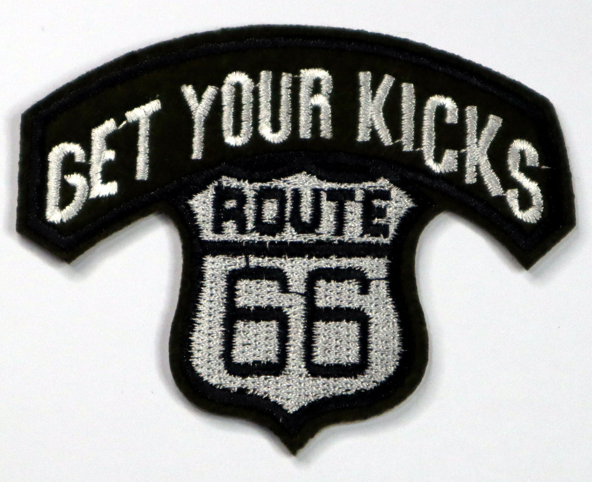 Get Your Kicks Route 66 Iron On Patch. Great for attaching to your jackets, shirts, pants, jeans, hats. Size: 8x6.5cm