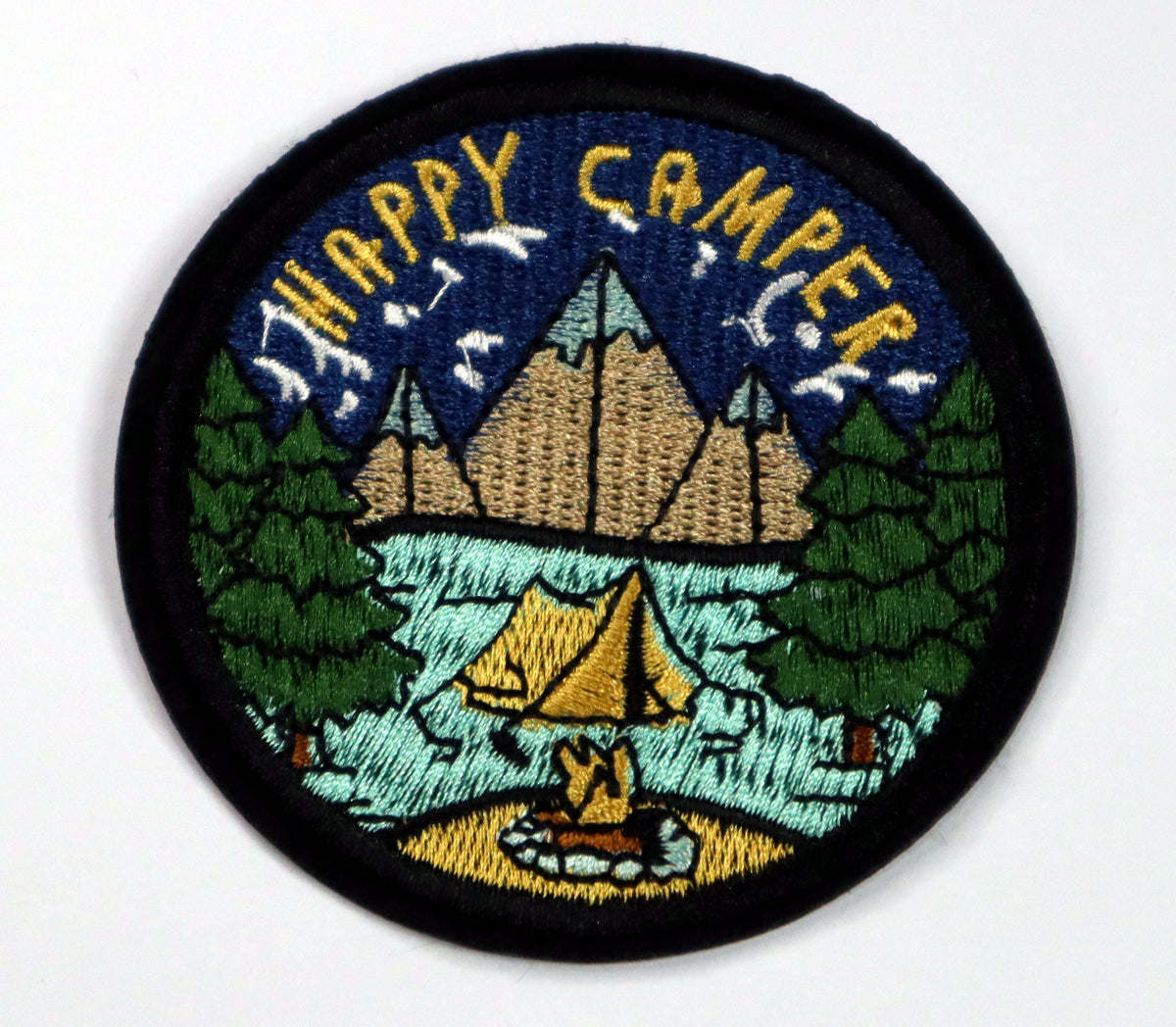 Happy Camper Iron On Patch. Great for attaching to your jackets, shirts, pants, jeans, hats. Size: 7.6cm