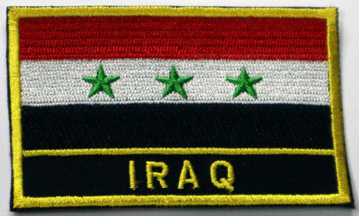 Iraq Flag Iron On Patch. Great for attaching to your jackets, shirts, pants, jeans, hats. Size: 8x5cm