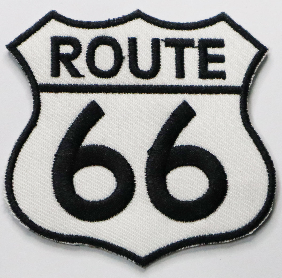 Route 66 black & white Iron On Patch. Great for attaching to your jackets, shirts, pants, jeans, hats. Size: 7x7cm