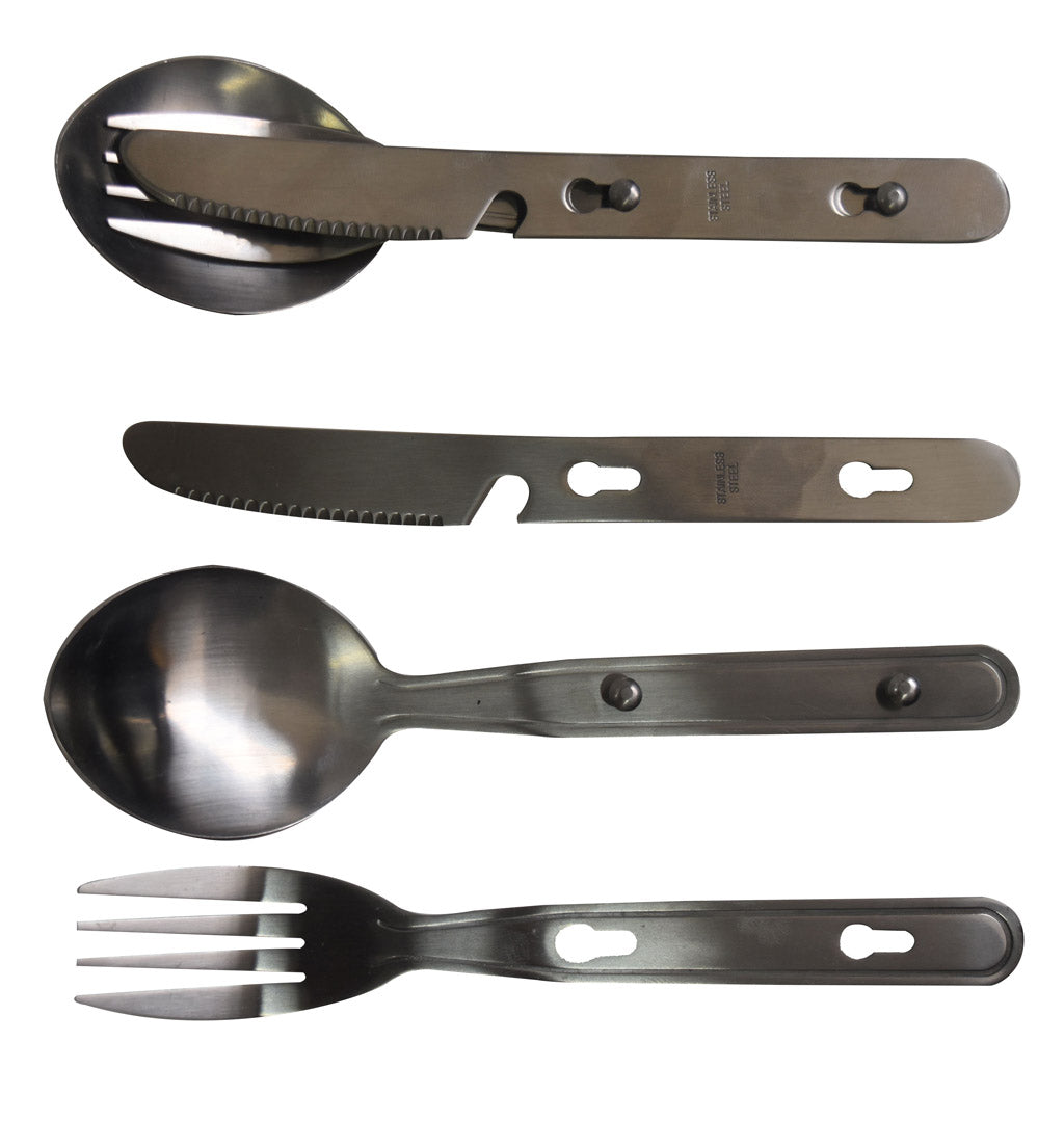 Connects together for travel and storage. Knife includes a bottle opener. Material: Stainless Steel