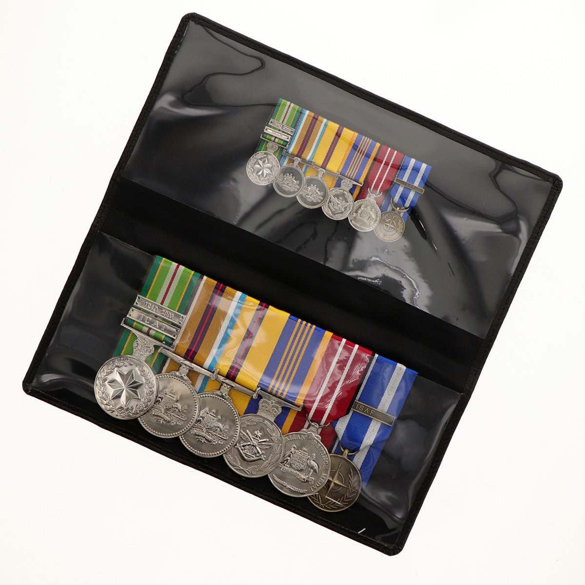 Fits up to 7 Full size medals Measurement's of plastic lining Width: 23cm Height: 10cm