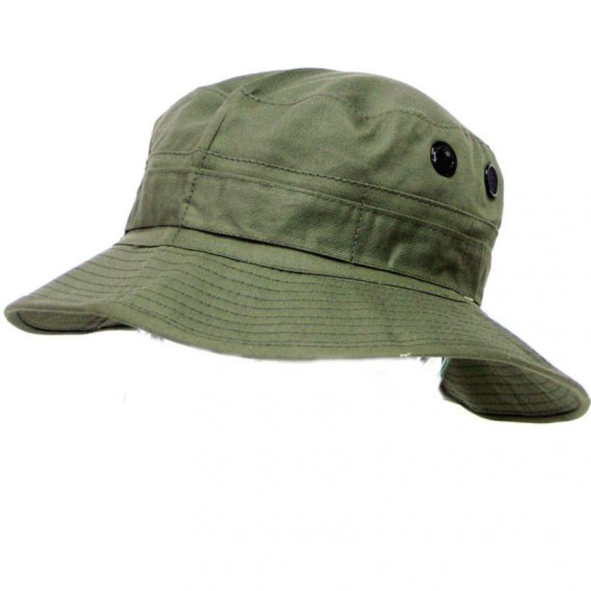 Made of breathable canvas fabric Heavy duty drawstring with cord Double layer brim Improved style now has wider brim