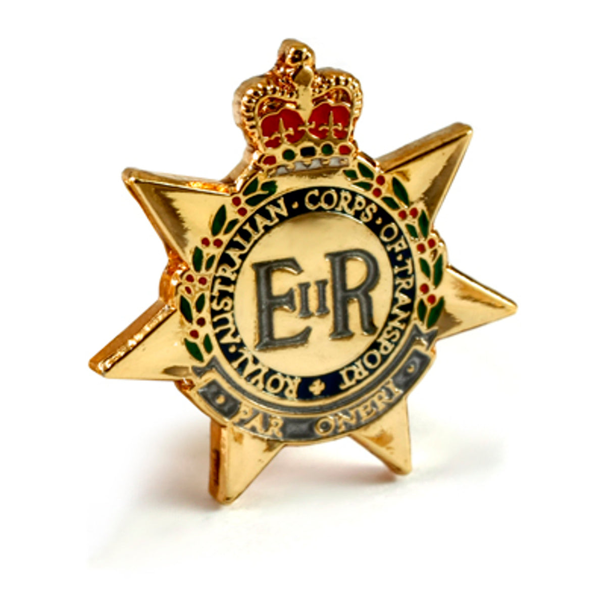 The Royal Australian Corps of Transport (RACT) 20mm full-colour enamel lapel pin. Displayed on a presentation card. This beautiful gold-plated lapel pin will look great on both your jacket and your cap. Specifications: Material: Gold-plated zinc alloy, enamel fill Colour: Gold, black, red Size: 20mm www.moralepatches.com.au