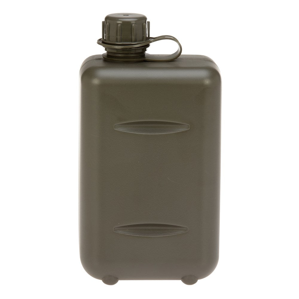 - South African style military water bottle with a screw top - Durable heavy duty plastic - 4 lugs on the bottom of the unit for free standing - Capacity: 2L - Colour: Olive