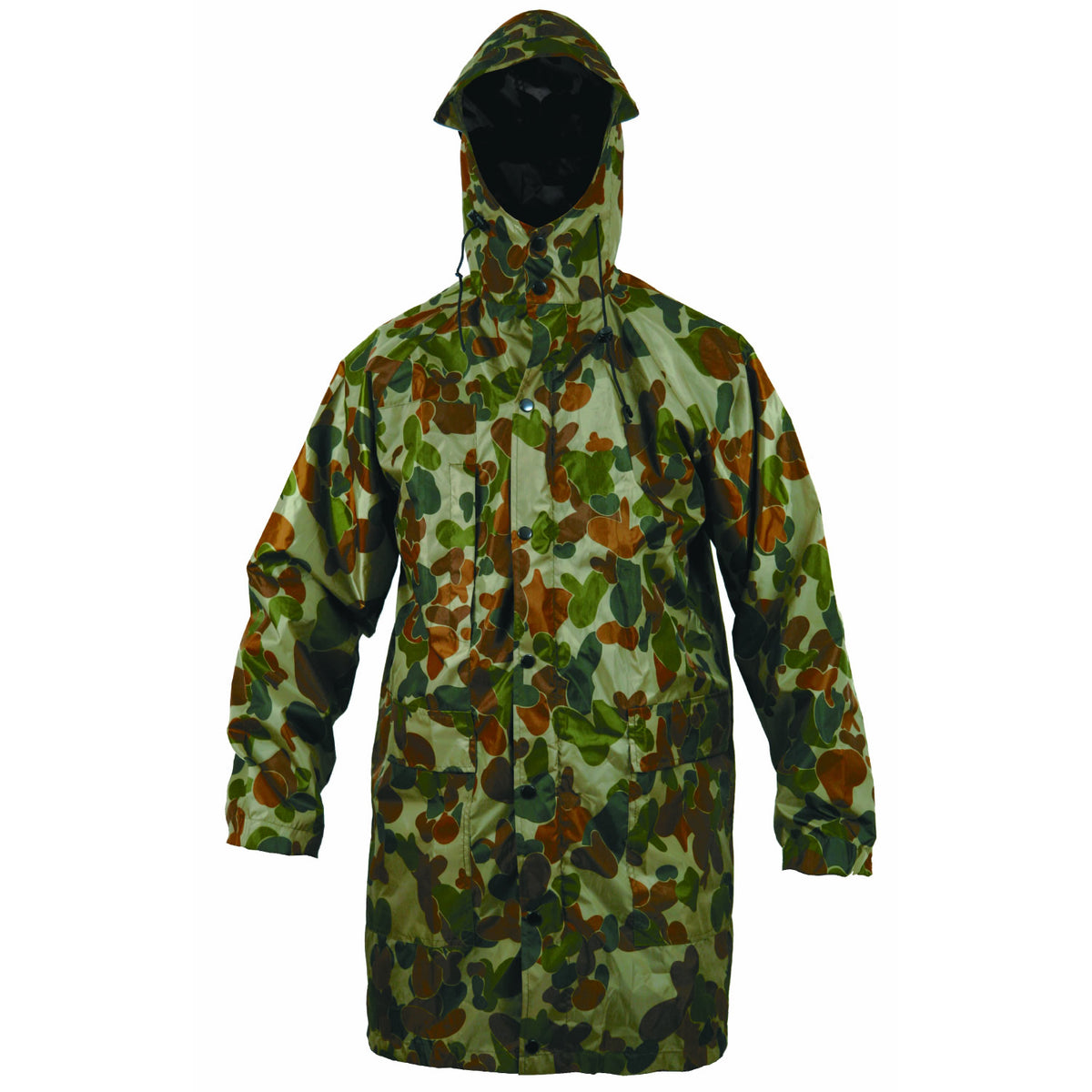 This jacket comes in a variety of sizes to suit all and is perfect for all types of outdoor activities such as camping, hiking, fishing, outdoor activities and hunting Made from 100% polyester and features taped seams to provide protection from the elements, this auscam jacket means you stay dry at all times Designed with 2 storm pockets and a chest pocket with 2000mm waterhead rating, this 3/4 length rain jacket is perfect to accompany you on trips