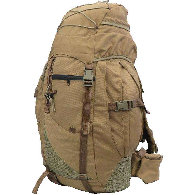 45L capacity Heavy duty 900D coats PU fabric Top loader style, pockets, envelope front pocket Expandable side pockets Side compression straps Lower side mesh pockets Nylon buckles Heavy duty internal frame harness Padded airflow mesh Padded hip belt with pouch MOLLE compatible Hydration compatible