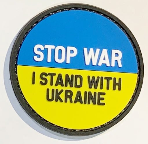 Stop War, I Stand With Ukraine PVC Patch, Velcro backed Badge. Great for attaching to your field gear, jackets, shirts, pants, jeans, hats or even create your own patch board. Size: 6cm