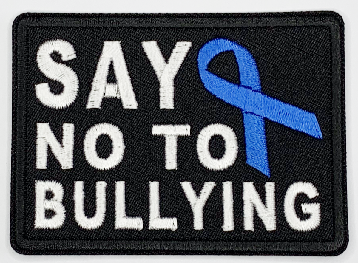 Say no to bullying blue ribbon Iron On Patch. Great for attaching to your jackets, shirts, pants, jeans, hats. Size: 6.99x5.08cm