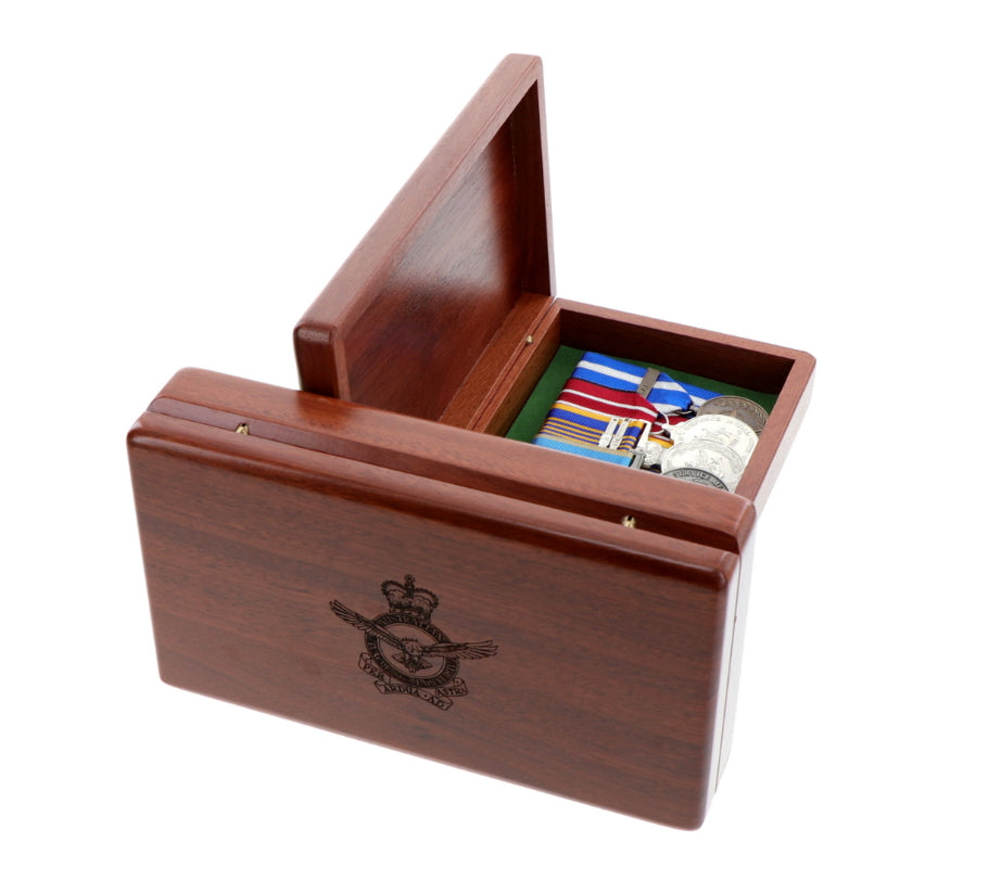 Beautiful Jarrah medal box with room for up to 10 court mounted medals. Laser engraved on the lid with the Air Force Crest This box is perfect for keeping those family medals or other heirlooms safe and sound when not on parade. www.moralepatches.com.au