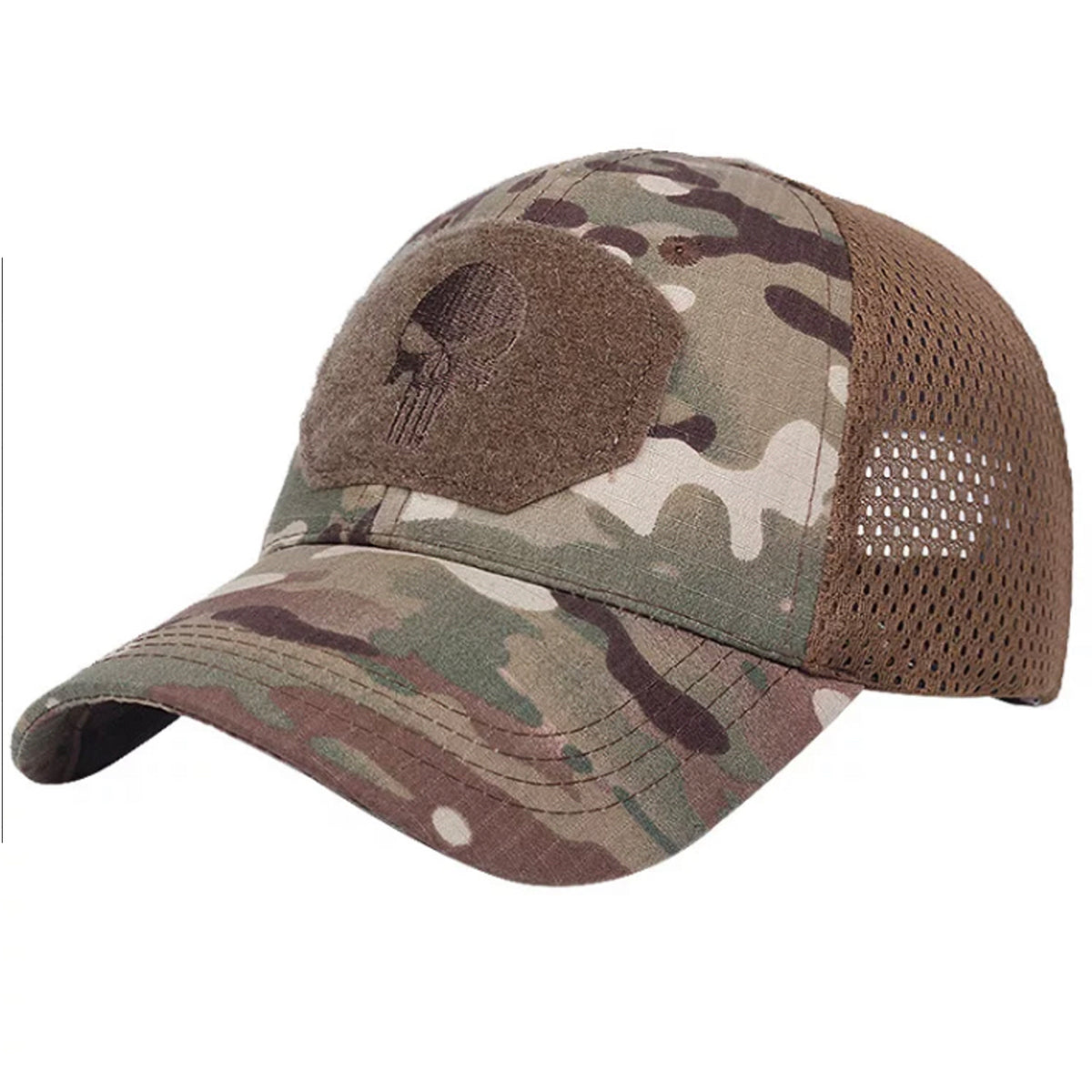 Lightweight Multicam Cap 6 panel cap with one cooling mesh on either side Velcro size on front is 9x6.5cm Please note that the punisher symbol is black on this cap, photo for illustration purposes only www.moralepatches.com.au