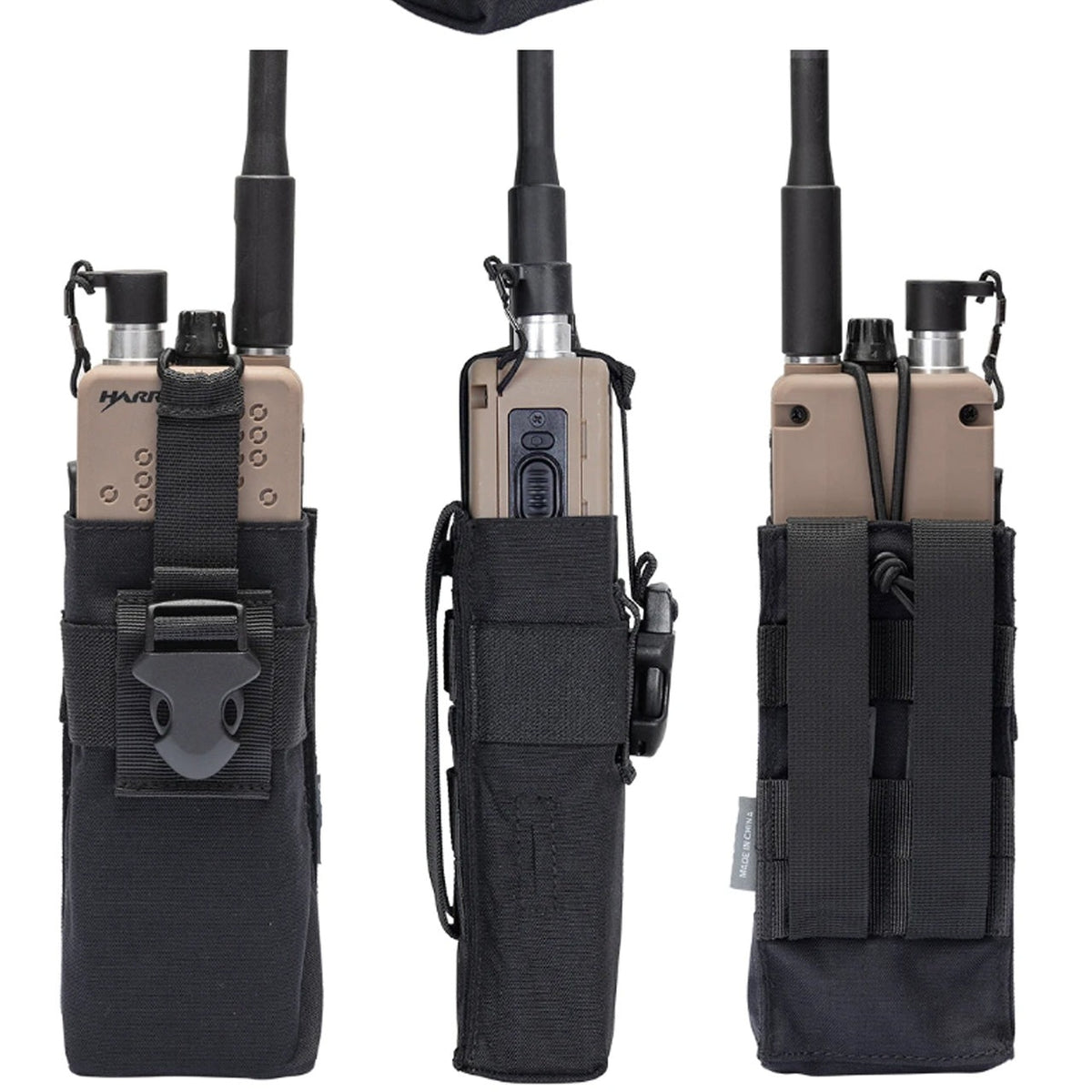 This pouch has been tailor-made to house your in-service Harris 152/148 radio, enabling you to access its screen and control panel with ease and speed. No longer will you need to take out the radio to change settings black colour different views www.moralepatches.com.au