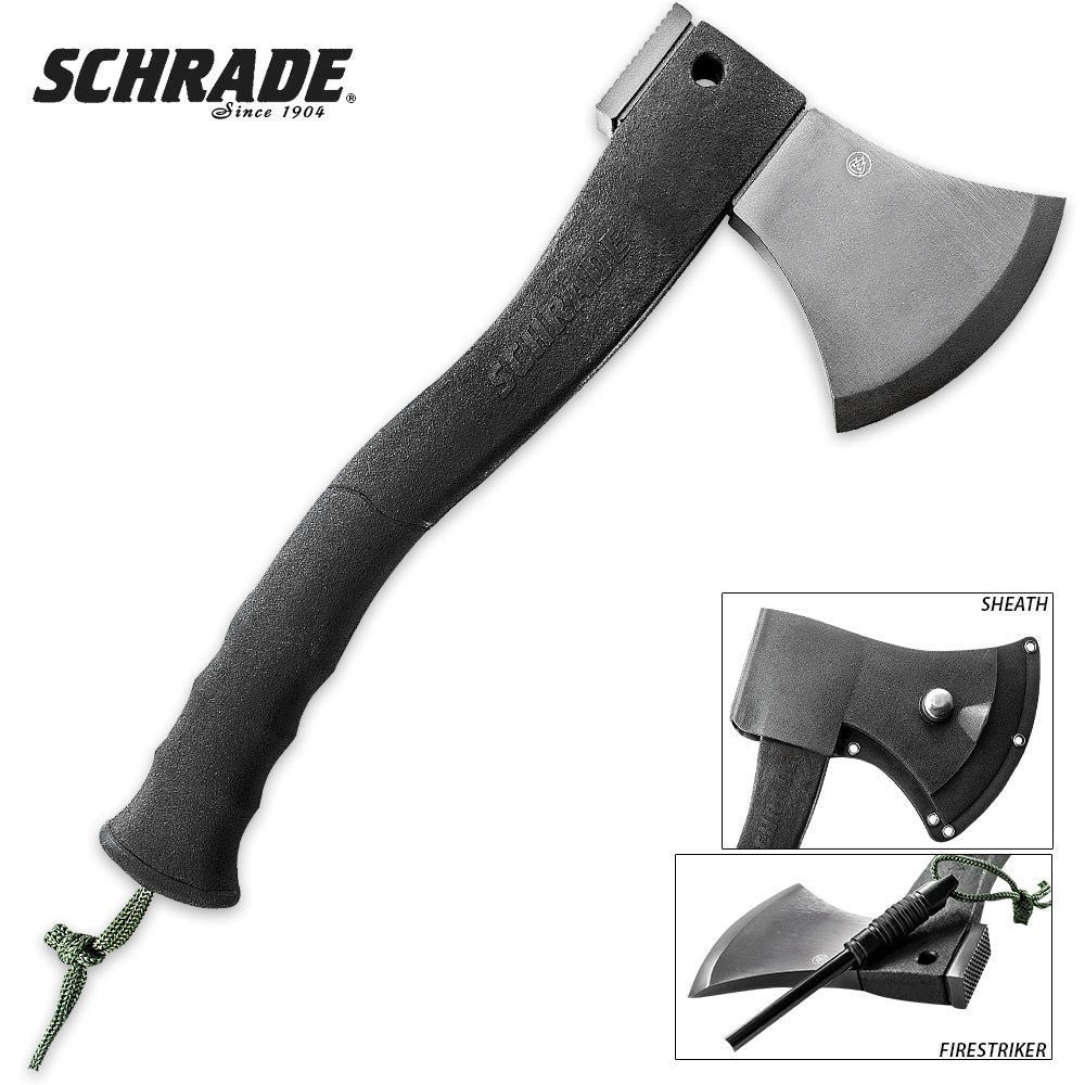 Master wilderness survival with the Schrade SCAXE2L, engineered for serious outdoor enthusiasts. This compact axe combines a titanium-coated 3Cr13 stainless steel head with a reinforced glass fibre handle and ergonomic rubber grip for reliable performance in demanding conditions. The integrated hammer pommel tackles multiple tasks, while the built-in ferro rod with lanyard ensures fire-starting capability whenever you need it. www.moralepatches.com.au