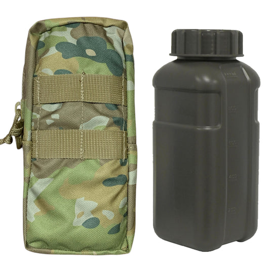 Designed for ultimate versatility, this pouch offers instant accessibility whether attached to your patrol order, assault pack, or large pack. Perfectly sized to accommodate a 1 Litre flask, it's equally adept at storing essential gear like spare rations, shaving supplies, batteries, marker panels, head torches, compact medical kits, or toggle ropes. The 1LT Single Flask Pouch AMCU is your go-to solution for organized tactical storage. www.moralepatches.com.au