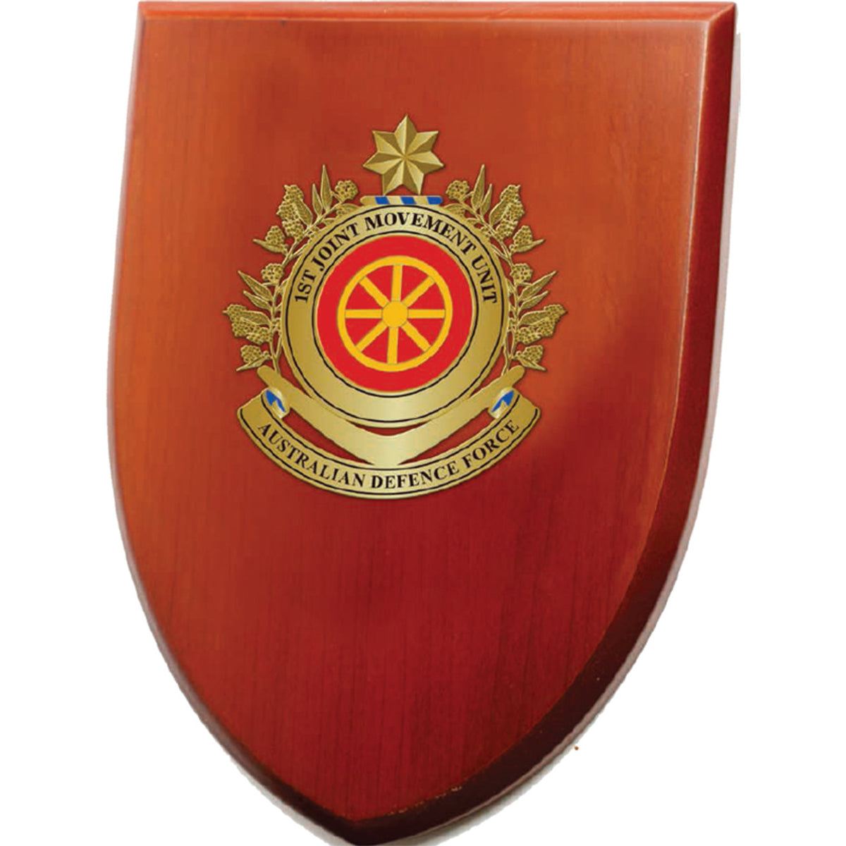 An Exceptional Joint Movement Unit Plaque - order now and add a touch of elegance to your next presentation. This beautiful plaque showcases a 100mm full colour enamel crest, delicately set on a 200x160mm timber finished shield. www.moralepatches.com.au