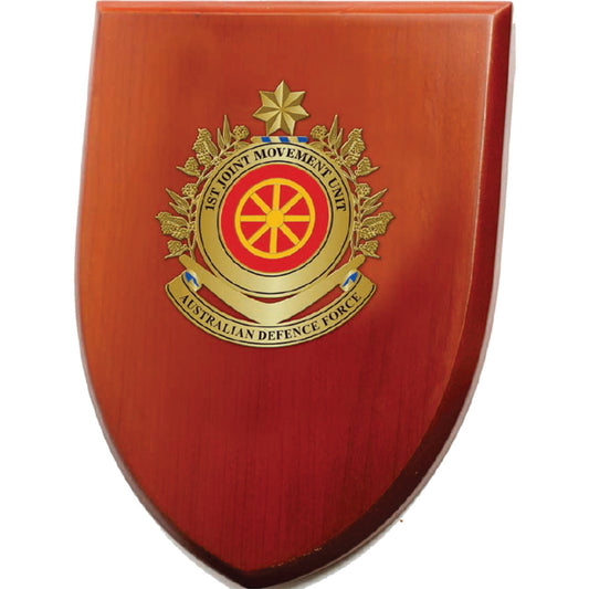 An Exceptional Joint Movement Unit Plaque - order now and add a touch of elegance to your next presentation. This beautiful plaque showcases a 100mm full colour enamel crest, delicately set on a 200x160mm timber finished shield. www.moralepatches.com.au