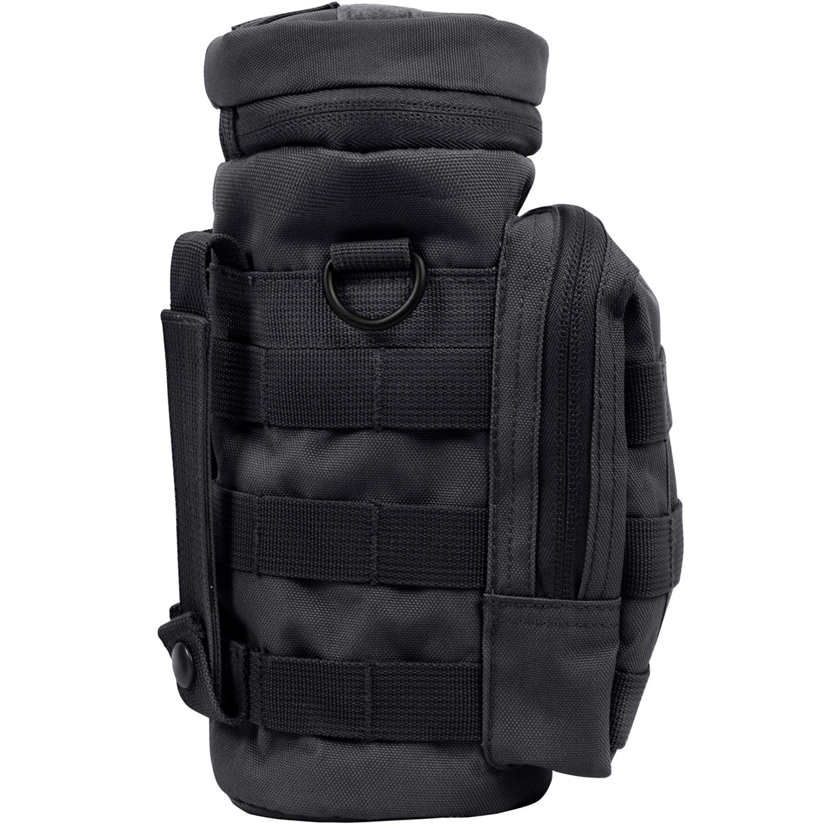 Durable Denier Polyester Material 10.5" Tall X 4" Diameter 6.5" X 4" Front Zippered Pouch W/ MOLLE Loops On Front Zipper Closure Flip Top And Two MOLLE Straps On Back D-Ring On Each Side Straw Hole On Top W/ Hook And Loop Closure Features A Drain Hole 4" X 1" Loop On Top And MOLLE Loop Around Entire Pouch www.moralepatches.com.au