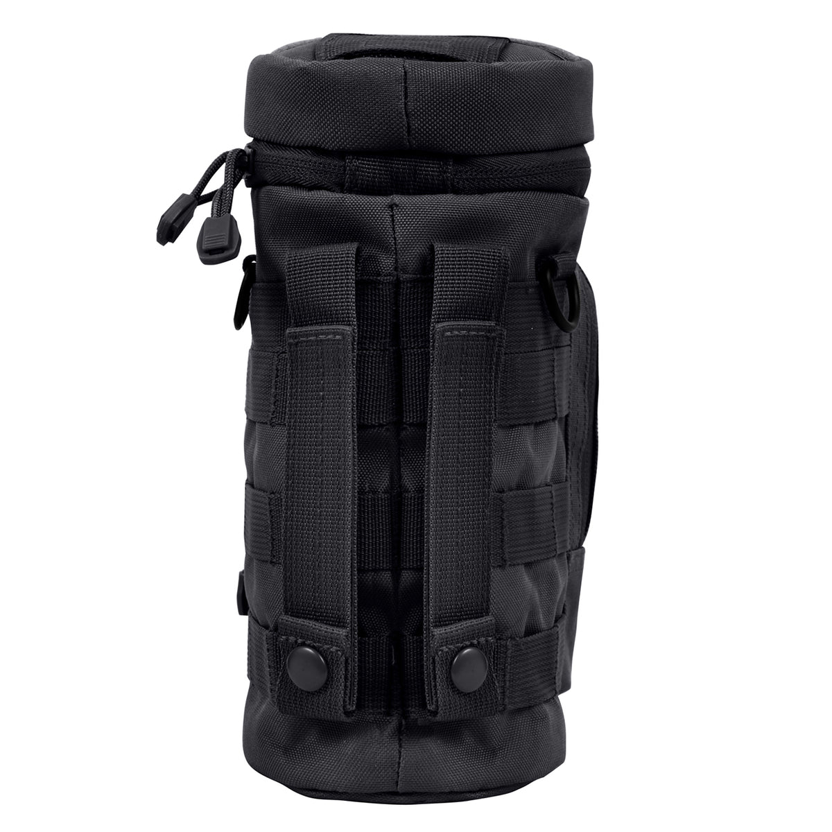 Durable Denier Polyester Material 10.5" Tall X 4" Diameter 6.5" X 4" Front Zippered Pouch W/ MOLLE Loops On Front Zipper Closure Flip Top And Two MOLLE Straps On Back D-Ring On Each Side Straw Hole On Top W/ Hook And Loop Closure Features A Drain Hole 4" X 1" Loop On Top And MOLLE Loop Around Entire Pouch www.moralepatches.com.au