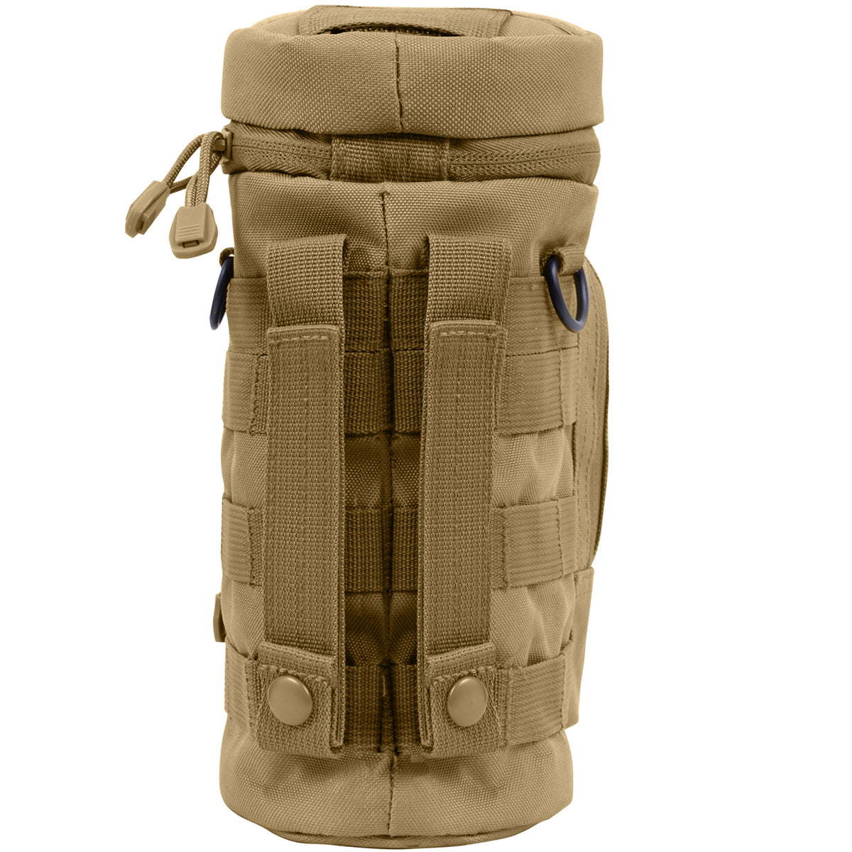 Durable Denier Polyester Material 10.5" Tall X 4" Diameter 6.5" X 4" Front Zippered Pouch W/ MOLLE Loops On Front Zipper Closure Flip Top And Two MOLLE Straps On Back D-Ring On Each Side Straw Hole On Top W/ Hook And Loop Closure Features A Drain Hole 4" X 1" Loop On Top And MOLLE Loop Around Entire Pouch www.moralepatches.com.au