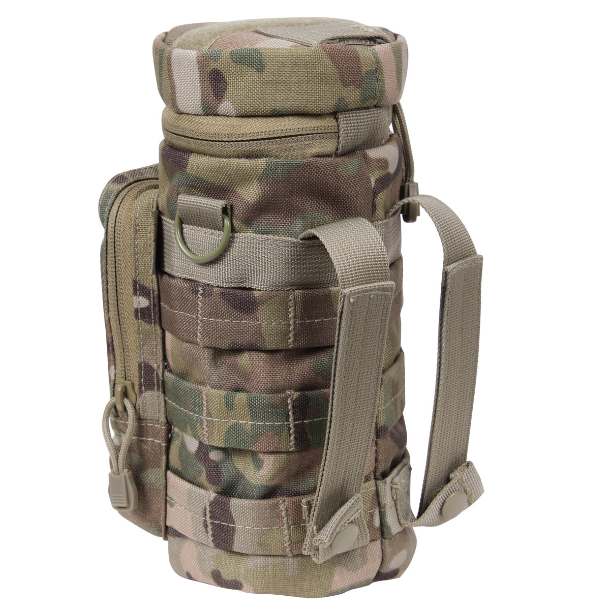 Durable Denier Polyester Material 10.5" Tall X 4" Diameter 6.5" X 4" Front Zippered Pouch W/ MOLLE Loops On Front Zipper Closure Flip Top And Two MOLLE Straps On Back D-Ring On Each Side Straw Hole On Top W/ Hook And Loop Closure Features A Drain Hole 4" X 1" Loop On Top And MOLLE Loop Around Entire Pouch www.moralepatches.com.au
