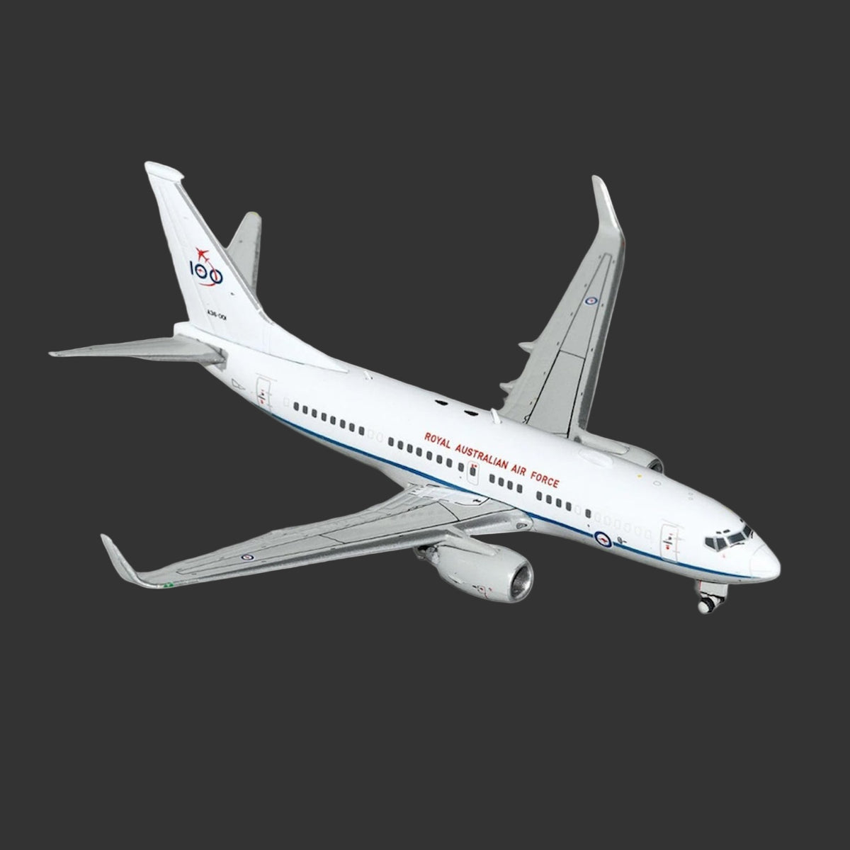 Honour a century of Australian air force pride with this exceptional 1/400 scale B737-700W from Gemini Jets, featuring the prestigious RAAF '100 Years' commemorative livery on aircraft A36-001.  www.moralepatches.com.au