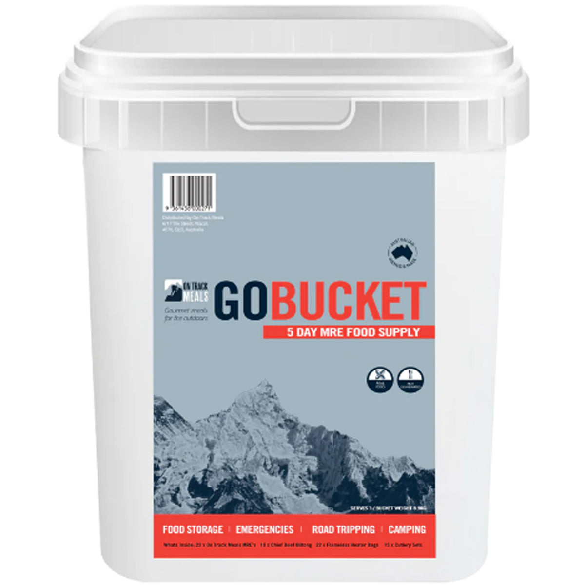 The&nbsp;GoBucket&nbsp;is a complete, ready-to-go 5-day food supply kit designed to meet your needs in emergencies, outdoor adventures, road trips, and camping. With a variety of gourmet MREs and essential extras, this bucket ensures you're well-fed and prepared wherever life takes you. www.moralepatches.com.au