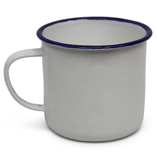 This 9cm enamel mug in classic white offers a high capacity of 570ml and stands 9cm high and wide. www.moralepatches.com.au
