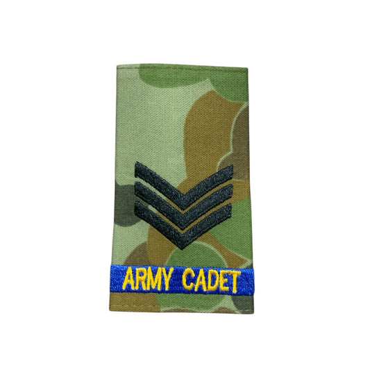 Experience the pride and honour of being a Sergeant in the Australian Army Cadets with our Auscam Rank Slide! Perfect for displaying your rank and representing your dedication to serving your country. Get yours now and feel the power and prestige of wearing an official AAC Rank Slide. www.moralepatches.com.au