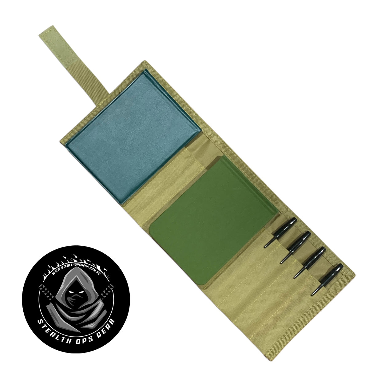 Designed on the Gold Coast, Australia this Khaki notebook cover is a must for your field administration needs. This can hold a notebook and viewee twoee plus 4 pens or pencils. Also to finish off the outer layer we have added a strap and velcro loop in khaki to help give this notebook the perfect feel. www.moralepatches.com.au