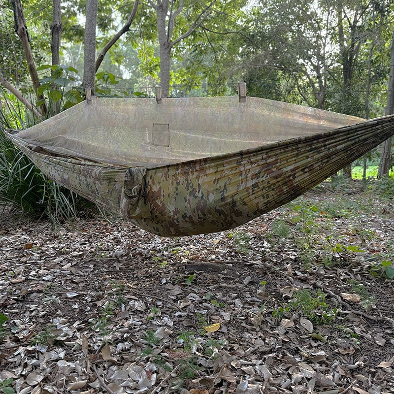 The Spartan Sleep Systems “Artemis Hammock” is an ultra-light hammock designed to keep the user off the ground and comfortable, whilst being completely enclosed in a bug netting. It enables interruption free sleep above the ground and from air attacks from bugs. www.moralepatches.com.au