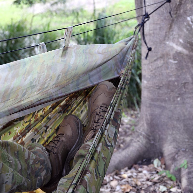 The Spartan Sleep Systems “Artemis Hammock” is an ultra-light hammock designed to keep the user off the ground and comfortable, whilst being completely enclosed in a bug netting. It enables interruption free sleep above the ground and from air attacks from bugs. www.moralepatches.com.au