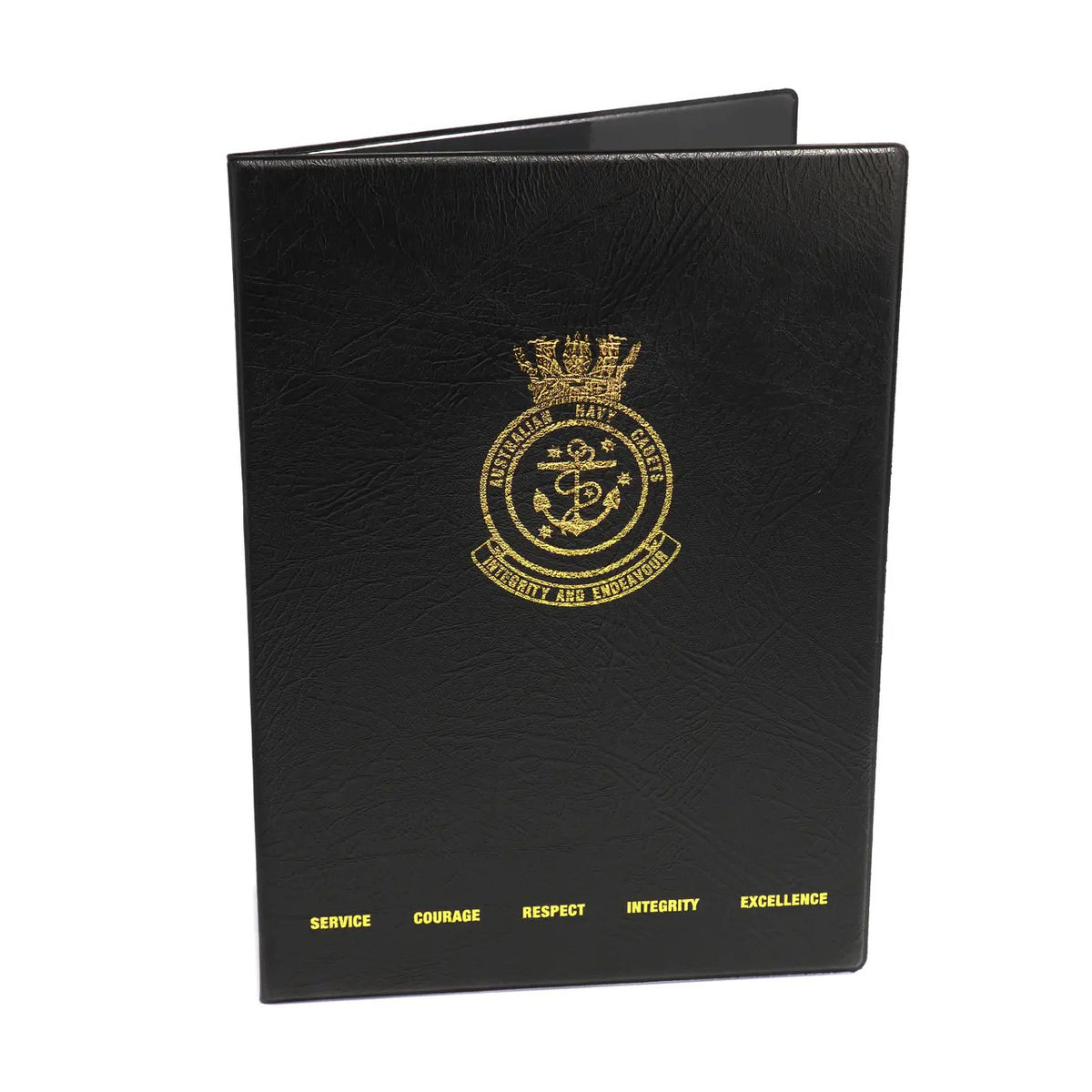 The Australian Navy Cadets and values are beautifully printed in gold foil, adding a touch of luxury to this already impressive folder. Stay organised and make a statement with our Black Heavy Grain Leather Look Certificate Folder. ANC www.moralepatches.com.au