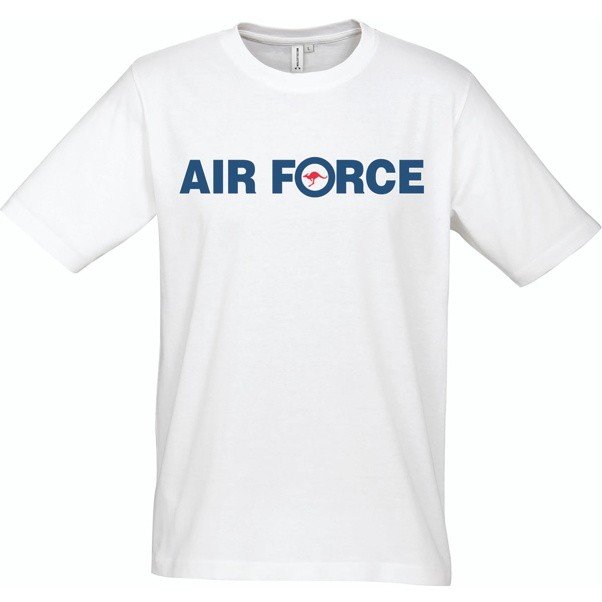 The Royal Australian Air Force branded T-Shirt with colour printed RAAF logo on chest. Supersoft combed cotton for maximum comfort.  Specifications:  Materials: Supersoft combed cotton Colour: White, navy, red Size: XS - 2XL www.moralepatches.com.au