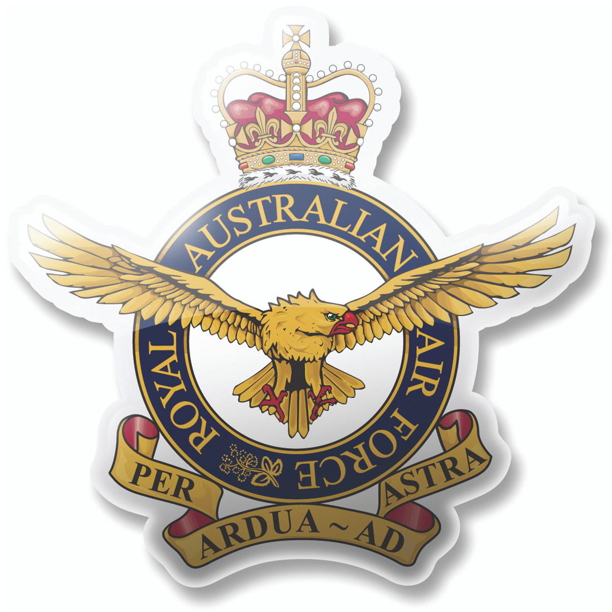 Show your pride with this vivid full colour print of the Royal Australian Air Force crest magnet! Keep your treasured memories and important reminders in sight with this eye-catching design!  Size: 96mm x 96mm www.moralepatches.com.au