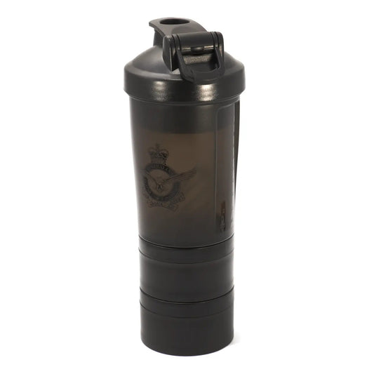 Introducing the Air Force Protein Shaker - a versatile and leak proof solution that combines a shaker with a storage compartment. Mix your shakes on the go and enjoy a smooth and precise blend every time, thanks to the included whisk ball and convenient measurement guide. www.moralepatches.com.au